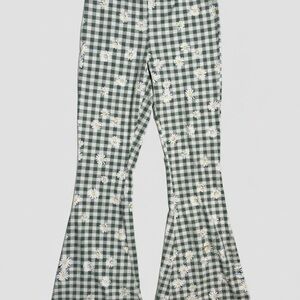 Women Green Gingham Floral Flared Pants